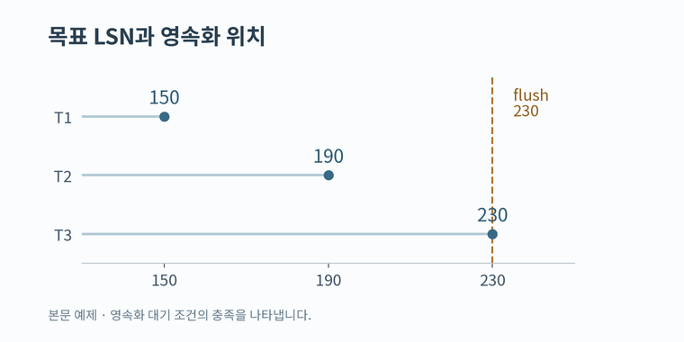 본문 예제: 목표 LSN 150, 190, 230과 영속화 위치 230. 대기 조건 충족은 성공 응답 완료와 다릅니다.