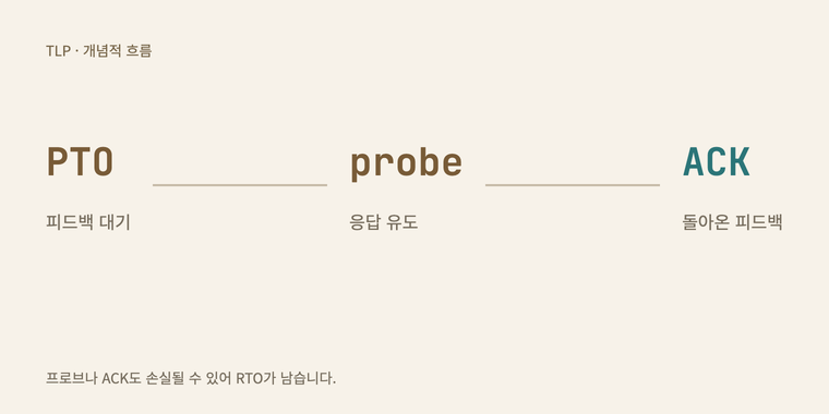 TLP의 개념적 흐름: PTO 뒤 프로브를 보내 ACK 피드백을 유도합니다. 실제 시간 비율이나 복구 성공을 보장하는 그림은 아닙니다.